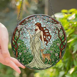 Women's Jewel Tone Tiffany Stained Glass Enchanted Forest Woman Fawn Pink Blossoms Art Stained Glass Suncatcher