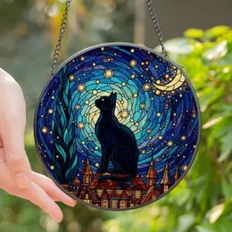Cat Lovers' Vibrant Jewel-Toned Stained Glass Black Cat Silhouette Village Night Sky Mosaic Stained Glass Suncatcher