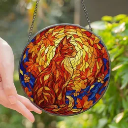 Cat Lovers' Tiffany Style Stained Glass Cat Autumn Leaves Vibrant Jewel Tone Mosaic Stained Glass Suncatcher