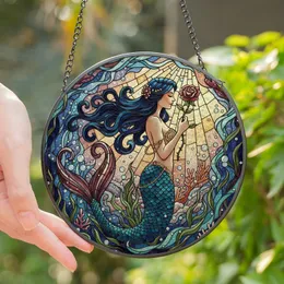 Fantasy Art Lovers' Tiffany Stained Glass Mermaid Indigo Teal Ruby Purple Ocean Current Mosaic Stained Glass Suncatcher