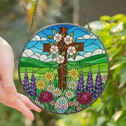 Spring & Easter Celebrators' Tiffany Style Stained Glass Rustic Cross, Wildflower Garden, Pastel Easter Egg, Jewel Tones Stained Glass Suncatcher