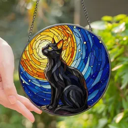 Cat Lovers' Tiffany Style Black Cat Radiant Moon Night Sky Jewel Tone Mosaic Stained Glass Suncatcher