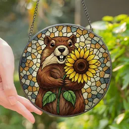 Nature Lovers' Smiling Groundhog Stained Glass Art, Vibrant Sunflower Tiffany Style Mosaic Stained Glass Suncatcher