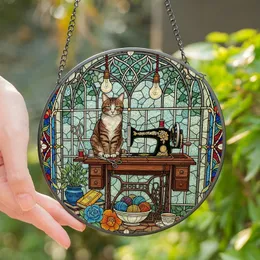 Crafters & Cat Lovers' Jewel Tone Stained Glass Tabby Cat Vintage Sewing Machine Mosaic Art Stained Glass Suncatcher