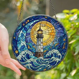 Fantasy Art Enthusiasts Stained Glass Lighthouse Crescent Moon Ocean Waves Cosmic Nebula Jewel Tones Stained Glass Suncatcher