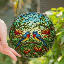 Nature Lovers' Vibrant Tiffany Stained Glass Songbirds Branch Mosaic Design in Jewel Tones Stained Glass Suncatcher