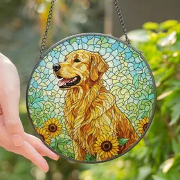 Golden Retriever Owners' Tiffany Stained Glass Golden Retriever Sunflower Jewel Tone Meadow Mosaic Stained Glass Suncatcher