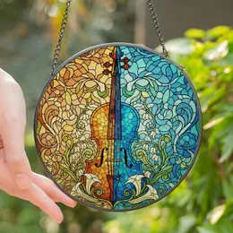 Art & Music Lovers' Tiffany Stained Glass Violin Warm Amber Cool Blue Intricate Floral Mosaic Stained Glass Suncatcher