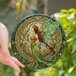 Fantasy Art Lovers' Intricate Tiffany Glass Fairy Iridescent Wings Emerald Green Golden Bronze Teal Mosaic Pattern Stained Glass Suncatcher