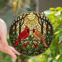 Nature Lovers' Vibrant Red Orange Cardinal Pair Stained Glass Tiffany Style Mosaic Stained Glass Suncatcher