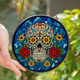 Art Lovers' Vibrant Stained Glass Sugar Skull Intricate Floral Calavera Marigold Rose Mosaic Pattern Stained Glass Suncatcher