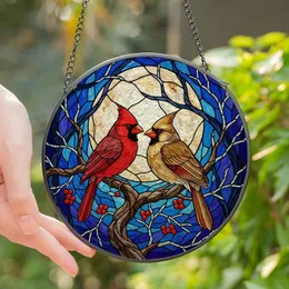 Nature Lovers' Tiffany Style Cardinal Pair Red Gold Indigo Jewel Tone Winter Mosaic Art Stained Glass Suncatcher