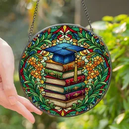 Lifelong Learner's Luminous Tiffany Stained Glass Books Cap Emerald Ruby Gold Botanical Art Stained Glass Suncatcher