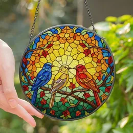 Nature Lovers' Tiffany Stained Glass Mosaic Three Vibrant Birds Perched Autumn Foliage Brilliant Jewel Tones Stained Glass Suncatcher