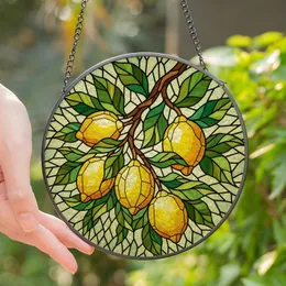 Nature Lovers' Vibrant Stained Glass Lemon & Leaf Emerald Green Geometric Mosaic Stained Glass Suncatcher