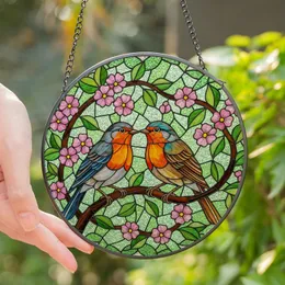 Nature Lovers' Stained Glass Robins, Pink Blossoms & Green Leaves, Tiffany Mosaic Jewel Tones Stained Glass Suncatcher