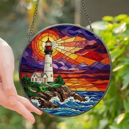 Coastal Living Enthusiasts' Tiffany Stained Glass Lighthouse Sunset Ocean Mosaic Deep Blue Red Orange Stained Glass Suncatcher