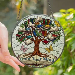 Lifelong Learners' Jewel Tone Stained Glass 'Grow Your Mind' Book Tree Butterfly Floral Mosaic Stained Glass Suncatcher