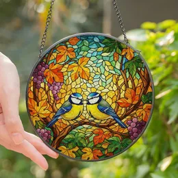 Nature Lovers' Tiffany Style Blue Tit Birds Autumn Leaves Berries Stained Glass Mosaic Stained Glass Suncatcher