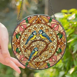 Art Lovers' Tiffany Style Stained Glass Blue Tits Pink Blossoms Amber Geometric Stained Glass Suncatcher