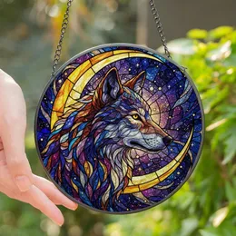 Nature Lovers' Majestic Stained Glass Wolf Head Golden Moon Cosmic Mosaic Jewel Tones Stained Glass Suncatcher
