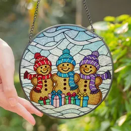 Holiday Enthusiasts Tiffany Stained Glass Cheerful Gingerbread Snowmen Festive Gifts Snowy Mosaic Golden Brown Blue Pink Red Purple Stained Glass Suncatcher