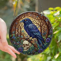Art Lovers' Majestic Raven Skull Tiffany Stained Glass Enchanted Forest Jewel Tone Floral Pattern Stained Glass Suncatcher