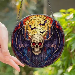 Gothic Art Lovers' Tiffany Stained Glass Skull Bat Wings Full Moon Mosaic Deep Red Purple Indigo Jewel Tones Stained Glass Suncatcher