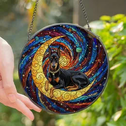 Doberman Lovers' Tiffany Style Stained Glass Pinscher Golden Moon Cosmic Night Sky Jewel Tones Stained Glass Suncatcher