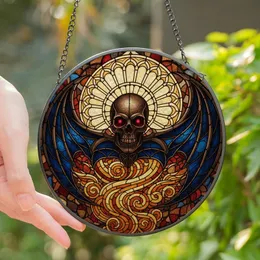 Gothic Art Lovers' Intricate Tiffany Stained Glass Skull & Bat Wings Mosaic Art with Glowing Red, Deep Blue, Golden Amber Tones Stained Glass Suncatcher