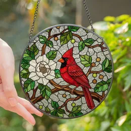Nature Lovers' Vibrant Red Cardinal Bird Tiffany Stained Glass Mosaic, White Floral & Green Leaf Pattern Stained Glass Suncatcher