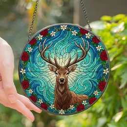 Nature Lovers' Majestic Stag Stained Glass Ruby Rose Teal Aquatic Jewel Tone Art Stained Glass Suncatcher