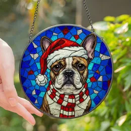 French Bulldog Lovers' Radiant Brindle Stained Glass Portrait: Santa Hat, Red Scarf, Blue Geometric Mosaic Stained Glass Suncatcher