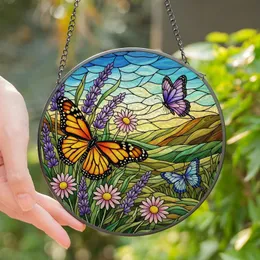 Nature Lovers' Vibrant Jewel-Toned Glowing Stained Glass Monarch Butterfly Floral Landscape Mosaic Stained Glass Suncatcher