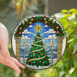 Holiday Admirers' Jewel Tone Stained Glass Christmas Tree Holly Garland Snowy Peaks Stained Glass Suncatcher