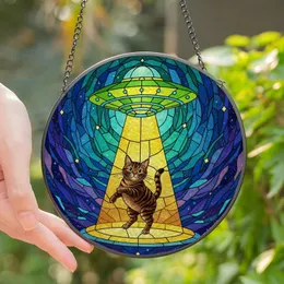 Cat Lovers' Tiffany-Inspired Stained Glass Comical Tabby Cat UFO Abduction Emerald Golden Blue Cosmic Stained Glass Suncatcher