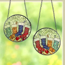 Holiday Enthusiasts' Edge-to-Edge Tiffany Style Christmas Stockings, Red Blue Orange Teal Gold Ornaments, Swirling Green Mosaic Background Stained Glass Suncatcher