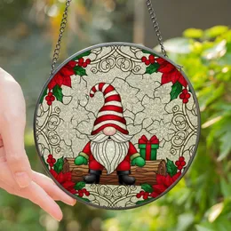 Christmas Enthusiasts' Jovial Gnome Stained Glass Mosaic Poinsettia Holly Red Green Jewel Tones Stained Glass Suncatcher