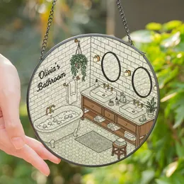 Home & Bath Lovers' Tiffany Style Stained Glass Luxury Bathroom Scene with Clawfoot Tub, Hexagonal Tiles, & Sage Green Accents Stained Glass Suncatcher