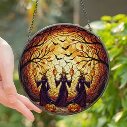 Witchy Aesthetic Fans' Tiffany Stained Glass Witches Jack-O'-Lanterns Full Moon Amber Purple Mosaic Stained Glass Suncatcher