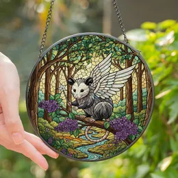 Fantasy Art Lovers' Whimsical Winged Opossum Stained Glass Enchanted Forest Mosaic Design Stained Glass Suncatcher