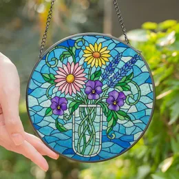 Nature Enthusiasts' Jewel Tone Stained Glass Floral Flask Blue Mosaic Art Stained Glass Suncatcher