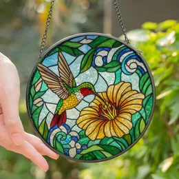 Nature Lovers' Vibrant Stained Glass Hummingbird Amber Bloom Green Foliage Mosaic Art Stained Glass Suncatcher