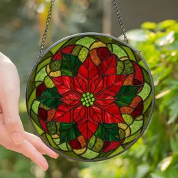 Women's Detailed Tiffany Stained Glass Poinsettia Floral Mosaic Fiery Red Emerald Green Stained Glass Suncatcher