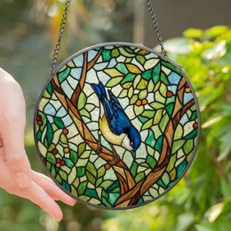 Nature Lovers' Jewel-Toned Stained Glass Nuthatch Bird Geometric Foliage Mosaic Stained Glass Suncatcher