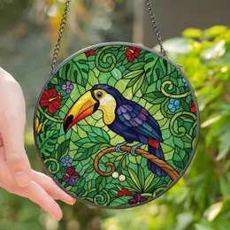 Tropical Art Lovers' Jewel Tone Tiffany Style Stained Glass Toucan & Jungle Mosaic Yellow Orange Emerald Deep Purple Stained Glass Suncatcher