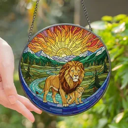 Wildlife Lovers' Edge-to-Edge Stained Glass Lion & Cub Mountain River Jewel Tone Mosaic Stained Glass Suncatcher