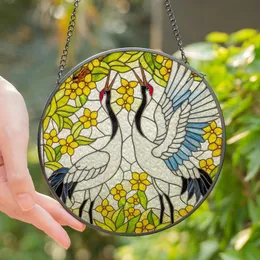 Art Lovers' Tiffany Style Stained Glass Red-Crowned Cranes Crimson Accents Yellow Green Foliage Mosaic Stained Glass Suncatcher