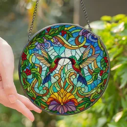 Nature Lovers' Vibrant Stained Glass Hummingbirds Floral Garland Jewel Tone Mosaic Art Stained Glass Suncatcher