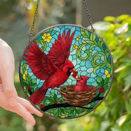 Bird Enthusiasts' Ruby Red Cardinal Feeding Baby Tiffany Stained Glass Jewel Tone Foliage Mosaic Stained Glass Suncatcher